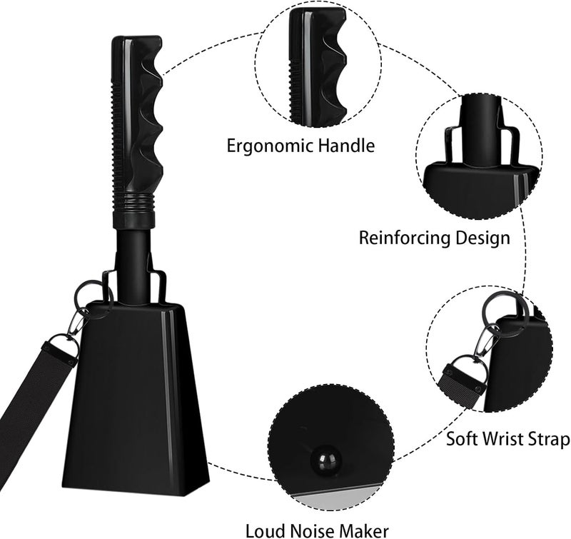 HEYLEAYAR 10Inch Cowbells with Handle for Sporting Events, 2Pcs Large Cow Bells with Wrist Straps, Loud Noise Makers for Cheering Football Games Spirit Marathon Weddings Party Noisemakers, Black - Image 3